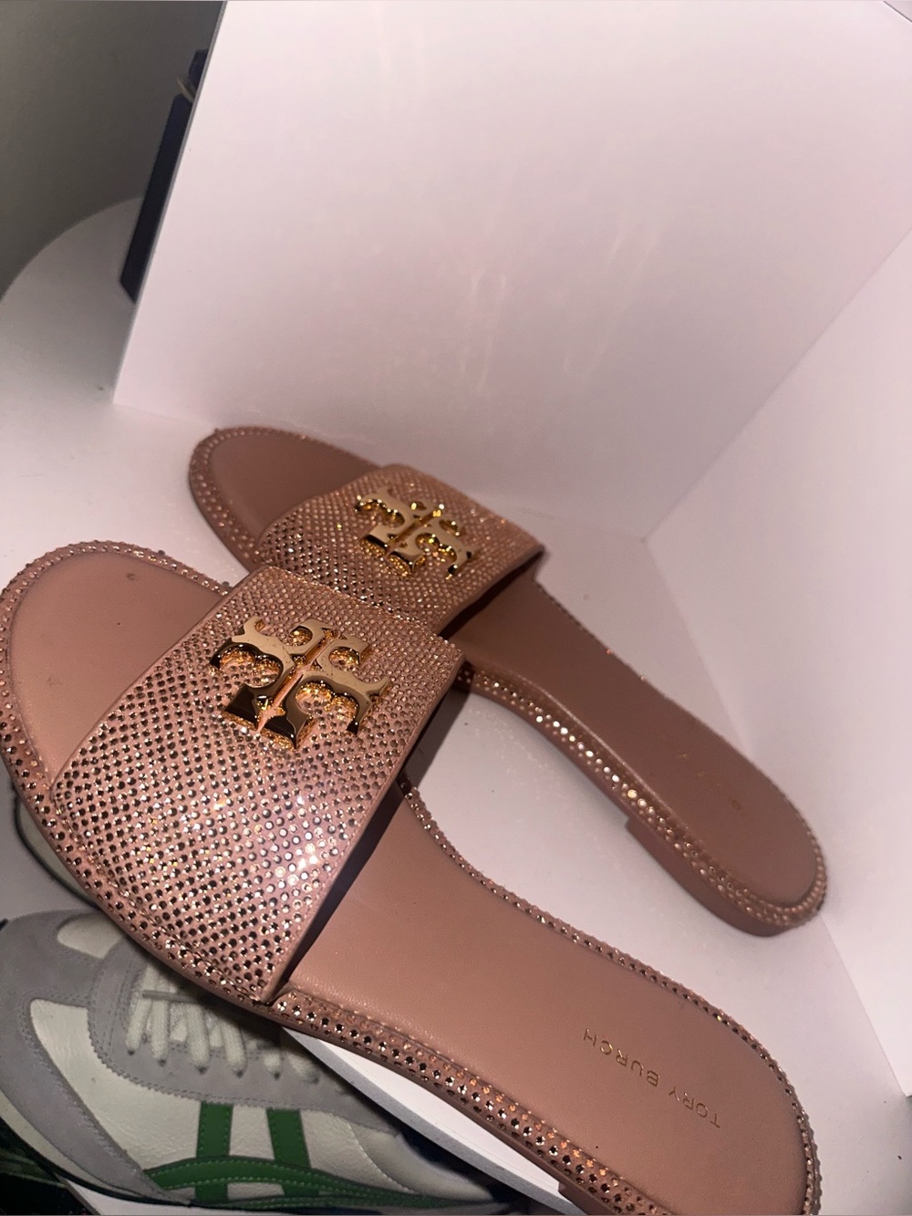 Tory Burch Blush Crystal-Studded Logo Slide Sandals - Picture 2 of 3